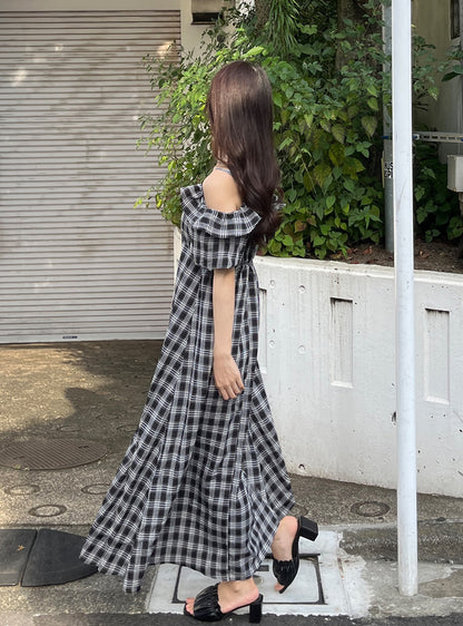 🇯🇵Japan Checked off-the-shoulder flared dress ◇ 日本 格紋露肩喇叭連身裙 🔎 ɪᴛᴇᴍ ɴᴏ：SS-jgnr3660