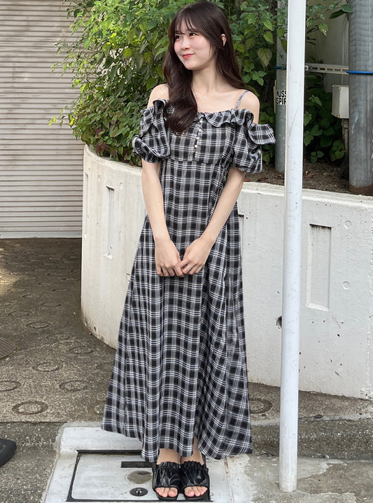 🇯🇵Japan Checked off-the-shoulder flared dress ◇ 日本 格紋露肩喇叭連身裙 🔎 ɪᴛᴇᴍ ɴᴏ：SS-jgnr3660